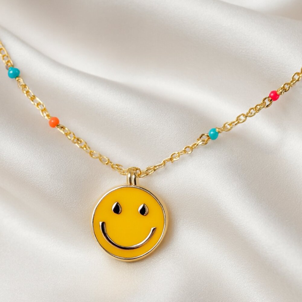 Smiley Face Pendant Gold Choker Necklace w/ Multicolor Beads Cute Trendy Jewelry